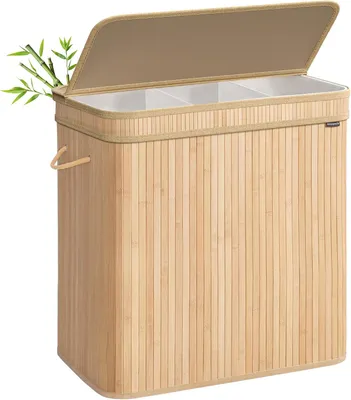 Image de Panier à linge avec couvercle - En bambou - Pliable - 150 litres - Sac à linge amovible - Avec poignées