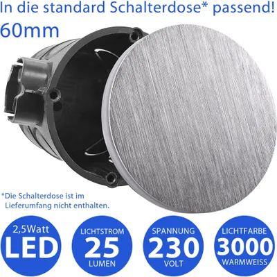 A close-up view of a round, brushed aluminum LED light fixture with its base and lid separated, set against a dark background. Text overlays provide product specifications.