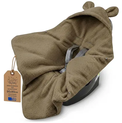 Produktbild von Kuschelige Boucle Einschlagdecke für Babyschale & Kinderwagen – warme Babydecke beidseitig mit Kapuze für Neugeborene – Premium Teddy für den Winter 90×90 cm Dunkelbeige – Größe Bouclé