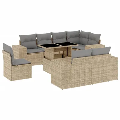 Produktbild von vidaXL 9-tlg. Garten-Sofagarnitur mit Kissen Beige Poly Rattan