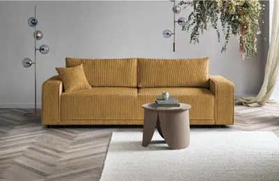 Produktbild von Schlafsofa Primo modernes Sofa aus Cordstoff Couch mit Schlaffunktion Bettkasten, Stoff: poso 01 - senfgelb