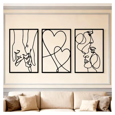 Produktbild von 3er Set Schwarze Metall Wanddekoration, Valentinstag Liebesmotiv Kuss Hand Herz Minimalistische Linienbilder Wandkunst Silhouette Wandskulptur für Schlafzimmer und Wohnzimmer
