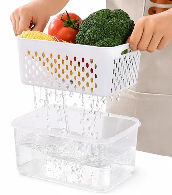Produktbild von 3er-Set Frischhalteboxen für Obst & Gemüse, 850+1750+3300ml, mit Abtropfsieb, BPA-frei, auslaufsicher, spülmaschinenfest – Kühlschrank Organizer