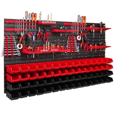 Image de 60 bacs gerbables Supports d'outils Étagère murale d'atelier Paroi d'outils 156x78cm Supports d'outils Système de stockage Bacs à bec Étagère murale extra-résistante Étagère extensible Étagère d'atelier Stockage