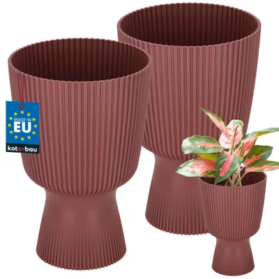Obrázok produktu pre KOTARBAU® Súprava 2 kusov kvetináčov, priemer 14 cm, kvetináč na orchideje, vnútorný kvetináč pre izbové rastliny, kvetináč so základňou, s rebrovaním, v tvare kalicha, plastový kvetináč, farba marsala