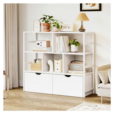 Produktbild von Bücherregal mit 2 Schubladen und 7 Fächern aus Holz und Metallrahmen, Standregal für Schlafzimmer, Wohnzimmer, Arbeitszimmer und Büro, 33 x 100 x 90 cm, Weiß