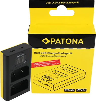 A product shot of a dual battery charger and its packaging.
