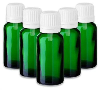 Produktbild von 5x Grüne Glasflasche 20 ml mit weißem Tropfeinsatz – Leer 18/415 Set