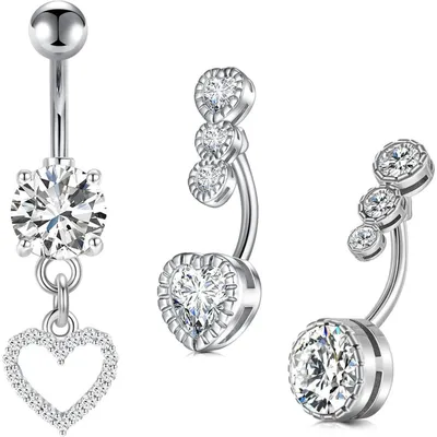 Obrázek produktu pro Piercing do pupku, 14G, chirurgická ocel, zirkonová křišťálová kulička, 10 mm, stříbrná barva, 3 kusy