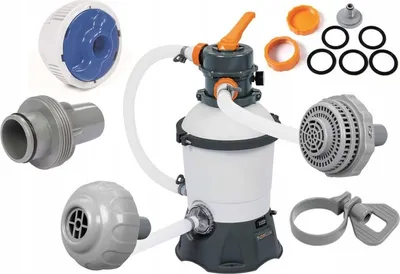 A collection of pool filter system components laid out on a white background.
