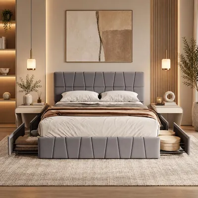 Productafbeelding van INONEFT Modern gestoffeerd bed 140x200 cm met 4 lades, een bed voor jongeren/een tweepersoonsbed met verstelbaar hoofdeinde, bedframe met lattenbodem, fluweel, grijs, AI-gegenereerde afbeelding
