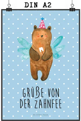 Produktbild von Mr. & Mrs. Panda Bild Bär Zahnfee DIN A2 - Blau Pastell - Geschenk, Fee, Wandbild, Teddy, Wanddekoration, Erster Zahn, Plakat, Milchzahn, wanddeko, drucke