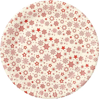 Produktbild von 60x Pappteller rund Ø 23 cm weiss mit roten Schneeflocken