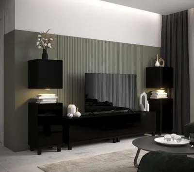 Immagine prodotto di Furnitech Parete attrezzata soggiorno - Mobili da soggiorno con LED Bianco - Parete attrezzata moderna - Scaffali e mobile TV (AN106-21B-HG1-1A)