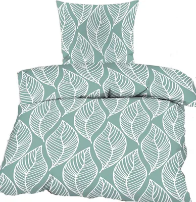 Produktbild von KH-Haushaltshandel Bettwäsche, 100% Baumwolle Renforce, Blätter grün-weiß, 2-tlg., 135x200 + 80x80 cm, Reißverschluss, 60 Grad waschbar, trocknergeeignet