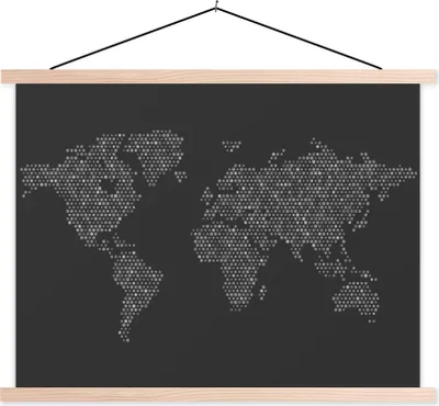 Produktbild von MuchoWow® Textilposter Weltkarte mit Punkten - schwarz und weiß 150x113 cm mit holzfarbenen Rahmen - Poster