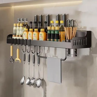 Produktbild von Hängender Kräuterkorb ohne Bohren - Küchenrek Organisator für Gewürze mit Messerschiene - Grau 40 cm