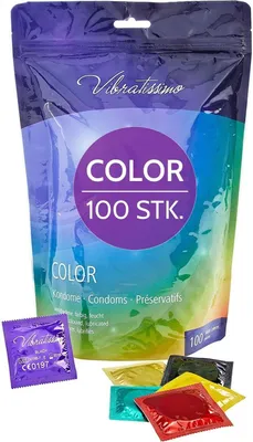 Produktbild von VIBRATISSIMO Color Kondome 100er Pack | Gefühlsecht & Extra Feucht | Bunte Verhütung Für Männer | Pack in Rot, Schwarz, Grün, Gelb, Gold