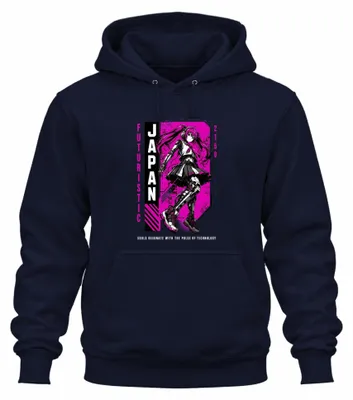 Imagen del producto de Sudadera con capucha estilo "otaku" futurista, diseño de chica cyborg japonesa del año 2150, estética Y2K, color azul marino, talla M