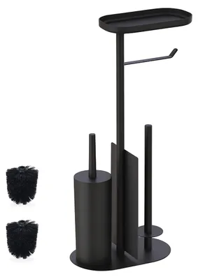 Image de Ensemble de salle de bains Relaxdays, H x l x P : 65 x 26 x 17 cm, porte-papier hygiénique sur pied, brosse de toilettes, porte-rouleaux de rechange, tablette, noir