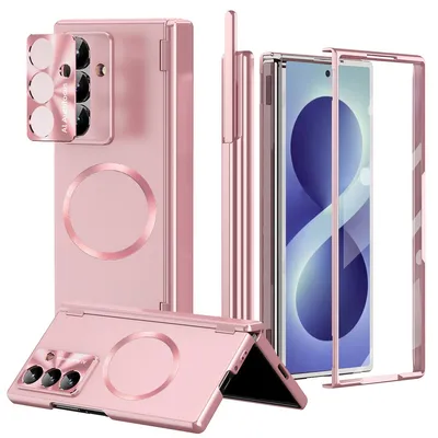 Obrázek produktu pro Magnetické pouzdro pro Samsung Galaxy Z Fold 7, tvrdé ochranné pouzdro s ochranou displeje, pantu a fotoaparátu, držákem na stylus a stylusem Růžová