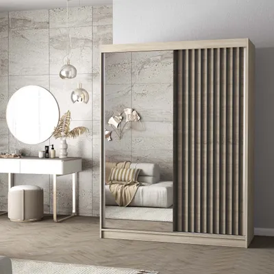 Produktbild von Schwebetürenschrank Kleiderschrank Schrank Schiebetürenschrank 150cm Sonoma/Sonoma mit Spiegel LAMI S