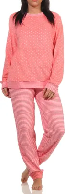 Produktbild von Damen Frottee Pyjama mit Bündchen in Herz-Tupfen Streifenoptik  - auch in Übergrössen ; Tupfen Lachs , 36