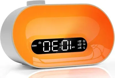 Zdjęcie produktu dla Budzik z głośnikiem Bluetooth, radiem FM, 16 kolorami światła, lampką nastrojową