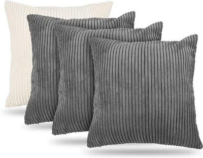 Produktbild von Unyqoos® 4er-Set Kissenhüllen aus Cord‑Samt 45 x 45 cm (für 50 x 50 cm) – 3 Grau, 1 Weiß, dekorative Kissenbezüge für Sofa & Schlafzimmer, verdeckter Reißverschluss
