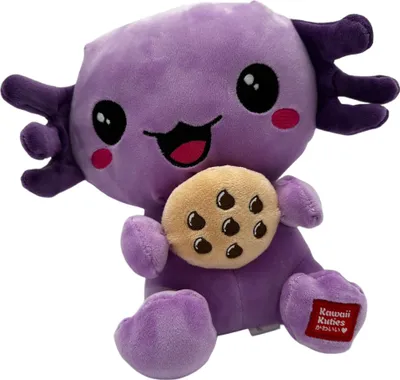 A purple axolotl plush toy holding a chocolate chip cookie.