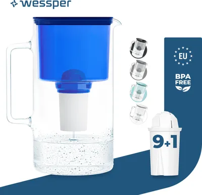 Image de Wessper Carafe filtrante en verre 3 L bleue Compatible avec les cartouches filtrantes Brita Classic | 10 cartouches filtrantes incluses