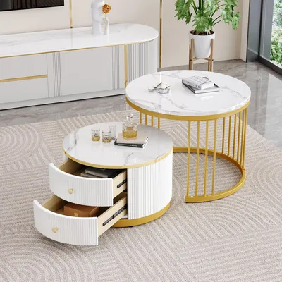 Image de MODFU Tables Basses Gigognes avec 2 Tiroirs, MDF et PVC, Design Moderne, Or - 60x60x45,5 cm et 50x50x32 cm
