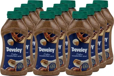 Produktbild von DEVELEY Original Münchner Weisswurst-senf, cremig-süßer Tafelsenf vegan ohne künstliche Zusatzstoffe ideal für Weißwürste Brezeln Fleischgerichte Sandwiches Wraps Hot-Dogs Dips Saucen 12x 300ml