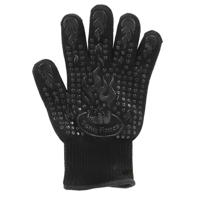A black BBQ glove with flame and dot pattern.