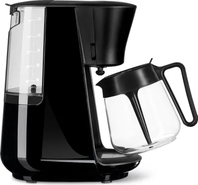 A black coffee maker with a glass carafe is shown against a white background.
