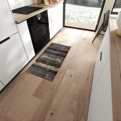 Produktbild von Küchenläufer 60 x 120 cm Braun rutschfest & waschbar – Küchenteppich Braune Holzdielen PVC Teppichläufer Küche