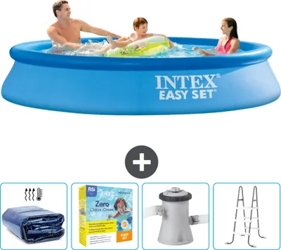 Produktbild von Intex runder aufblasbarer Easy Set-Pool – 305 x 61 cm – Blau – im Lieferumfang enthalten Sonnensegel - Wartungspaket - Filterpumpe für Schwimmbad - Leiter