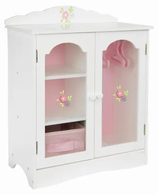Produktbild von Olivia’s Little World Puppenschrank in Weiß mit Blumenmotiv inkl. Kleiderbügeln, Regalen und Schublade – detailreiches Puppenmöbel für Puppen 46 cm