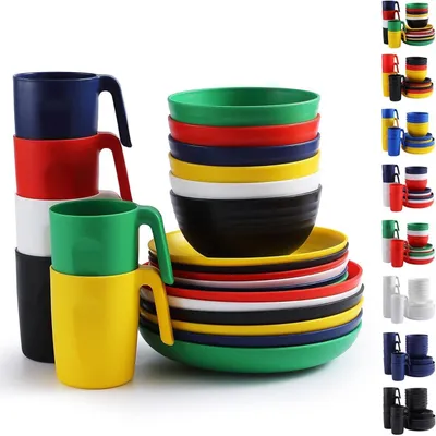 Produktbild von 24-teiliges Plastikgeschirr-Set für 6 Personen, wiederverwendbar, bunt, für Picknick & Camping