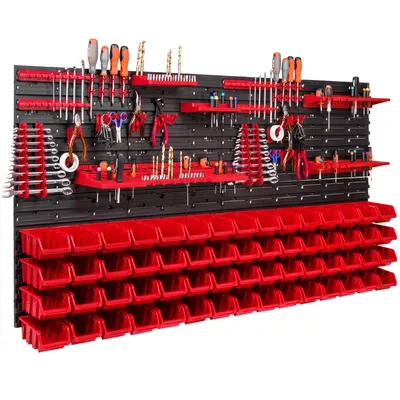 Obrázek produktu pro 60 stohovacích boxů Nástěnné držáky nářadí Dílenská police Nástěnná police na nářadí 156x78cm Skladovací systém držáků nářadí Hromadný skladovací regál Vizuální úložné boxy Extra silné nástěnné panely Police Rozšiřitelná dílenská police Skladovací re