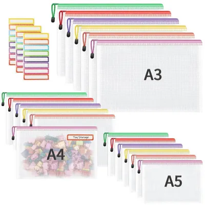 Obrázok produktu pre Sada dokumentových vreciek, 18 kusov, formáty A3, A4, A5, vrecká so zipsom, materiál PVC, 6 farieb