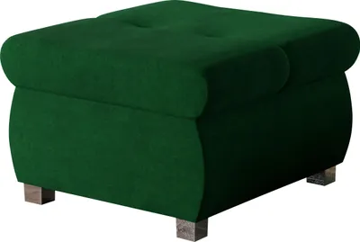 A green upholstered ottoman with tufted top and silver feet, shown against a white background.