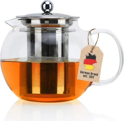 Produktbild von Intirilife Teekanne mit Filter in KLAR – 650ml Glaskanne aus Borosilikatglas mit Siebeinsatz hitzebeständig geeignet für heiße und kalte Getränke, Tee, Kaffee, Wasser uvm.