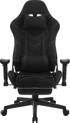 A black gaming chair with white stitching and a headrest and lumbar pillow, shown from the front.