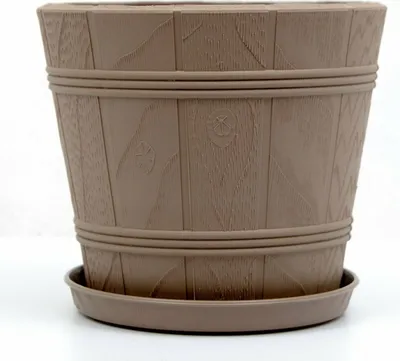 A beige plastic planter with a matching saucer, designed to resemble wood grain.