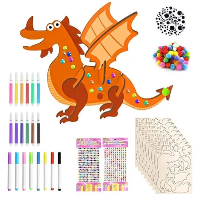 Image de Kit de construction en bois, dinosaures, 8 pièces, avec crayons aquarelle et accessoires