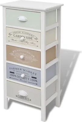 A white wooden cabinet with five drawers, each decorated with different vintage-style graphics and text. The cabinet is shown against a white background with a shadow cast to the right.