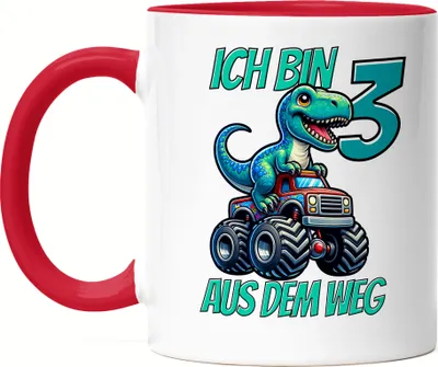 Produktbild von Kinder 3. Geburtstag Tasse Rot Dino Dinosaurier Auto 3 Jahre Junge Monstertruck