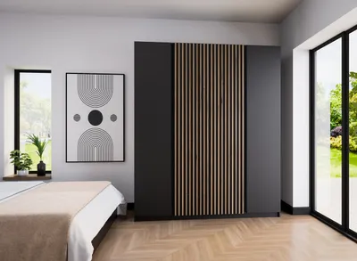 Produktbild von Geräumiger Drehtürenschrank mit Lamellen KAYA I 200 cm für das Schlafzimmer, Korridor (Farbe: Schwarz+Schwarz+Eiche Evoke)