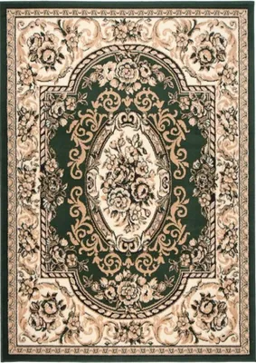 A top-down view of a rectangular rug with a classic floral pattern.
